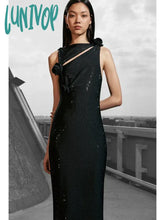 Lunivop Women Sexy Cut Out Studded Rhinestone Flower Black Midi Bodycon Bandage Dress Elegant